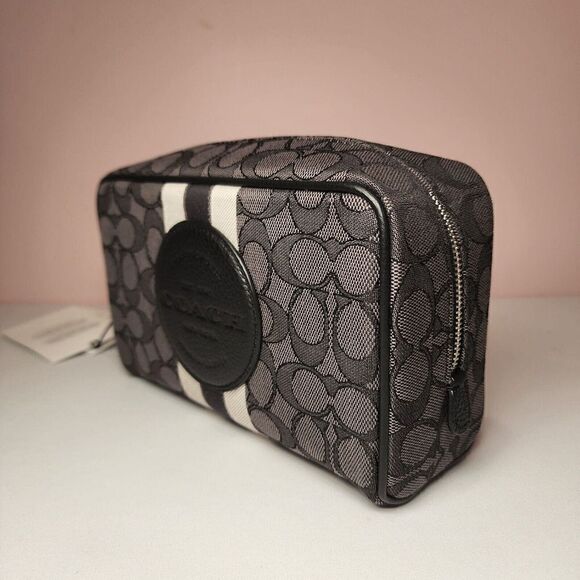 NWT COACH C9119 Dempsey Boxy Cosmetic Bag 20 Signature Black Canvas Stripes - Picture 1 of 7